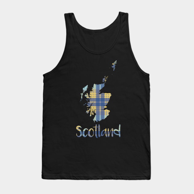 Scotland Blue and Yellow Tartan Map Typography Design Tank Top by MacPean